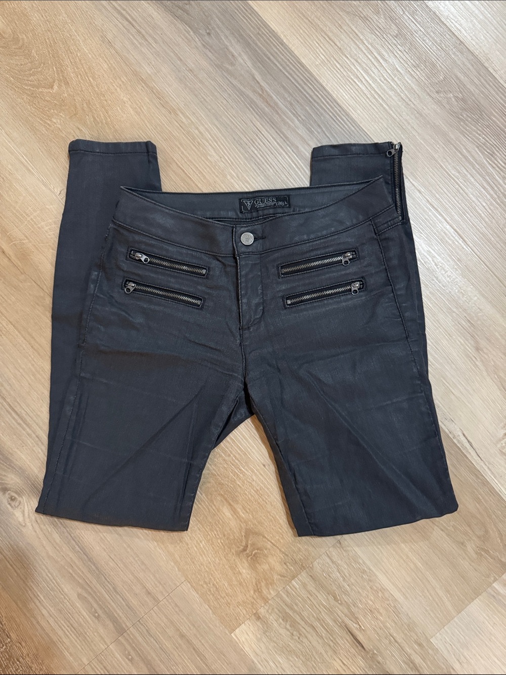 GUESS Women’s Grey Skinny Moto Jeans with Quad Zip Accents